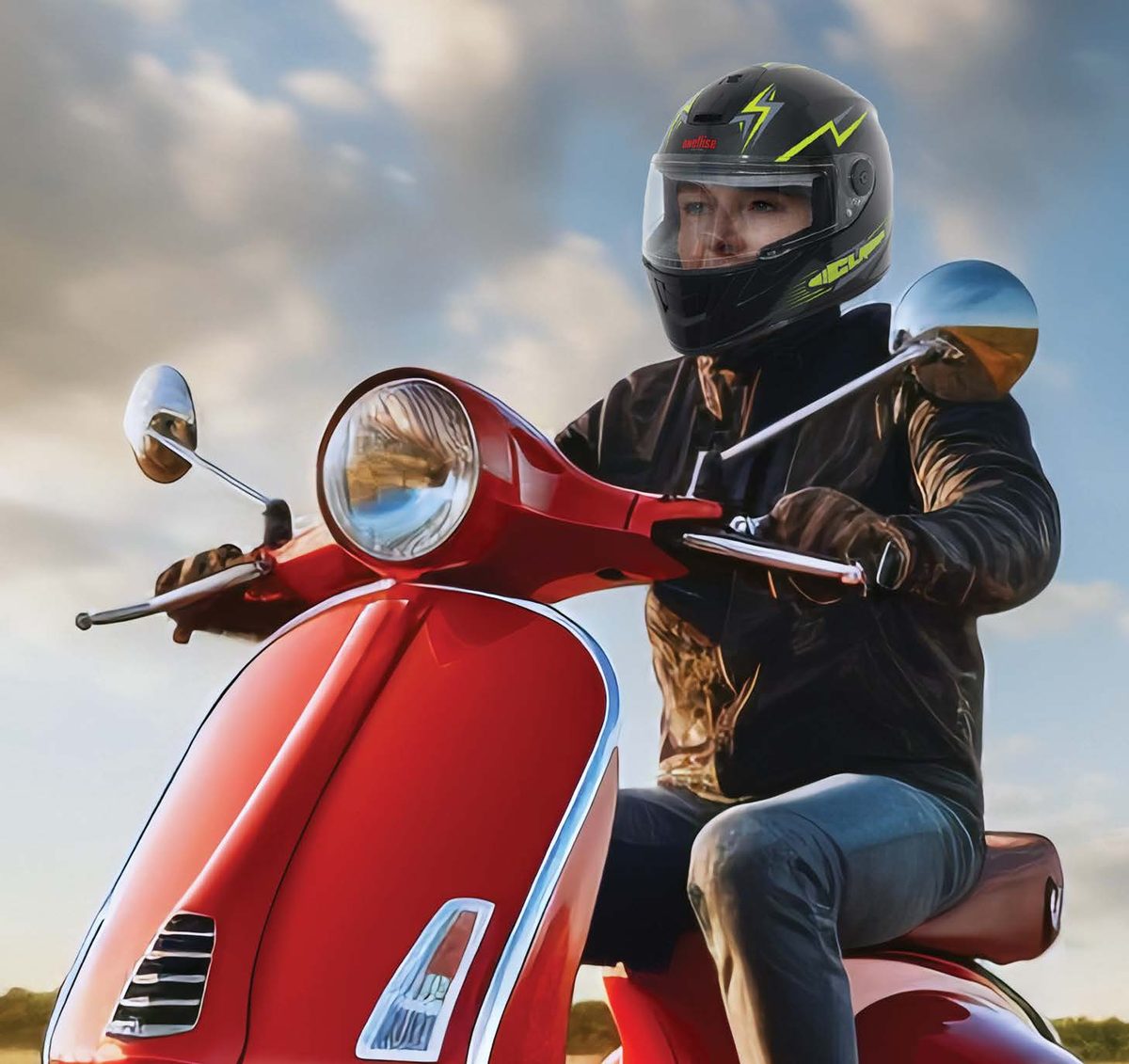Rider on a scooter wearing an Axellise helmet in Metallic Geny Grey