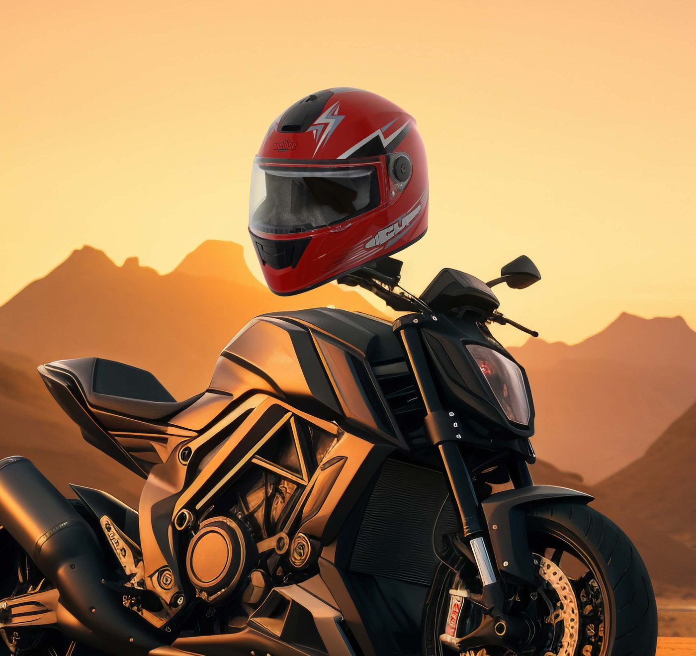 Axellise Thunderbolt helmet in Sport Red, mounted on a sport motorcycle at sunset