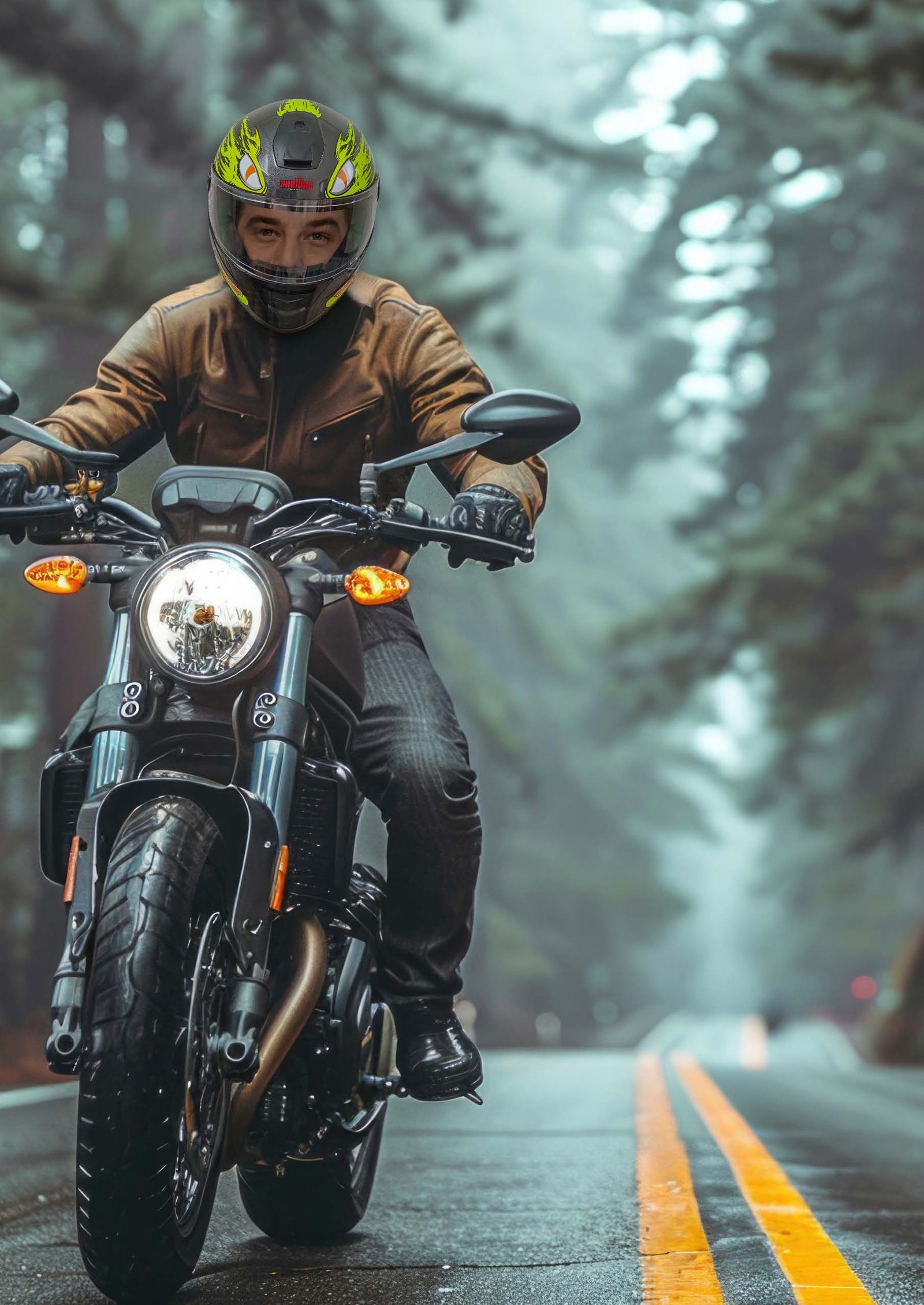 Rider on a motorcycle wearing an Axellise full face helmet with a flame graphic, on a misty forest road